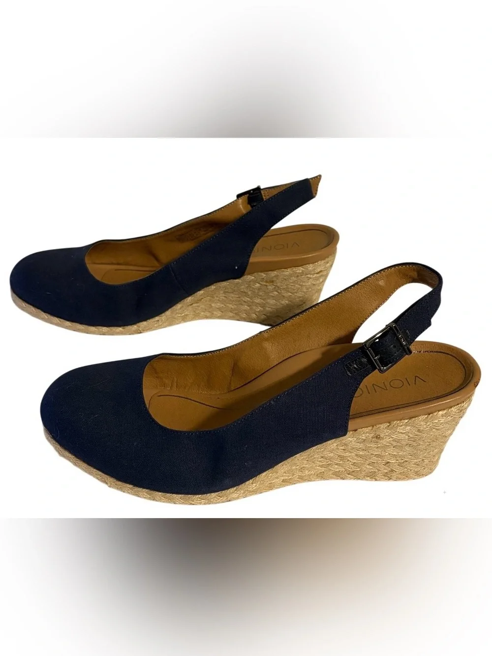 Vionic Coralina Navy Blue Slingback Wedge Espadrilles Orthotic Comfort Size 11W